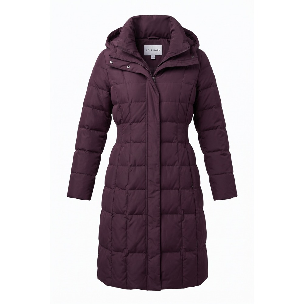 Cole Haan Signature Women Plum Purple Long Quilted Puffer Down Coat Hooded Small